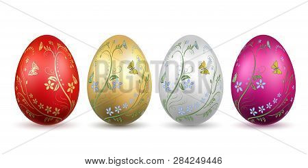 Easter Egg 3d Icon. Bright Eggs Set Isolated White Background. Floral Hand Drawn Gold Design, Flower