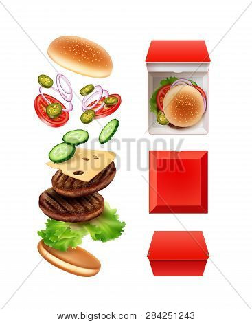 Vector Illustration Of Flying Large Double Cheeseburger In Exploded View With Red Box, Isolated On W