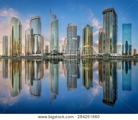 Jumeirah Lakes Towers In Dubai During Sunny Morning