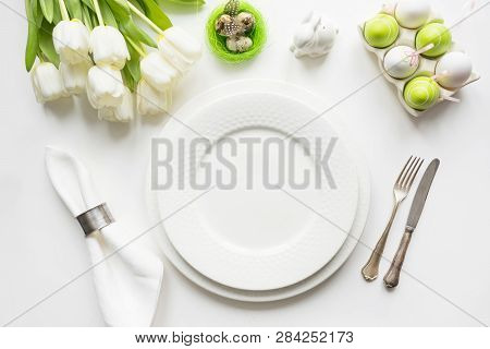 Easter Dinner. Table Setting With White Tulip On Table. Top View.