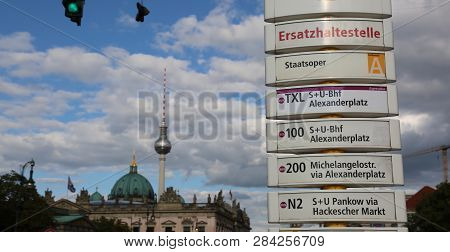 Berlin, Germany - August 19, 2017: Bus Stop  And The Tv Tower In Background