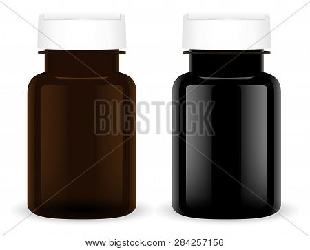 Supplement Pill Bottle. Black Plastic Medical Set. Pharmaceutical Capsule 3d Jar Mockup Template. Ro