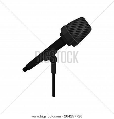 Flat Vector Icon Of Black Condenser Microphone On Stand. Equipment For Radio Or Record Studio
