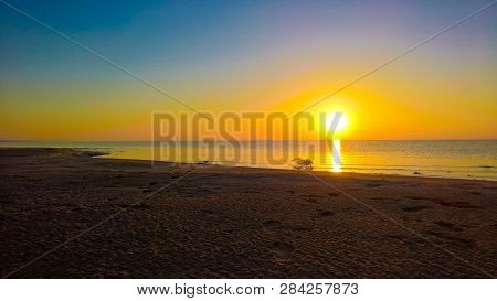 Sunrise Panorama View To Aral Sea From The Rim Of Plateau Ustyurt Near Aktumsuk Cape , Karakalpaksta
