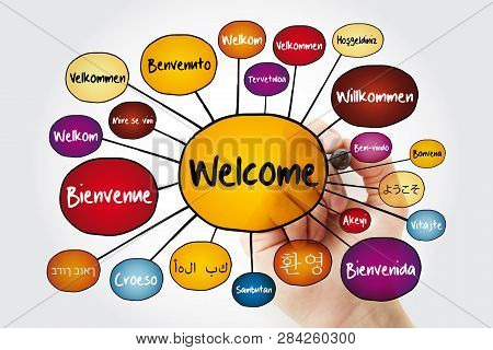 Welcome In Different Languages Mind Map With Marker, Education Business Concept For Presentations An