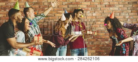 Surprised Girl With Friends On Her Birhtday Party. Surprise Party For Birthday Concept