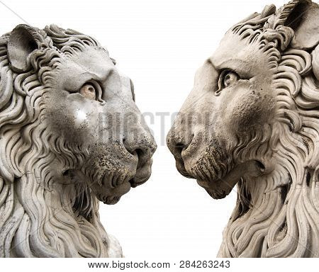 Sculptures Of Two Lions Statues Isolated On White. Exterior Of The Cathedral Of San Lorenzo (st. Law