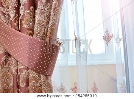 Window Curtain Background. Home Textile. Close Up.