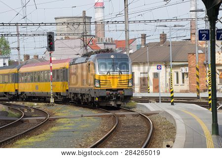 Brno, Czech Republic - April 24, 2018: The Passenger Train Of The Regiojet Transport Company Arrives
