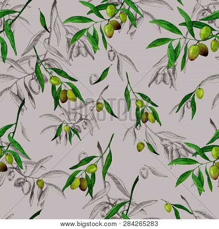 Seamless Illustration. Pattern With Olives And Olive Branches.