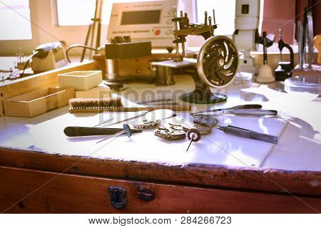 Watchmaker Workshop. Workplace Of Watch Repairer. Process Of Repair Mechanical Watches.