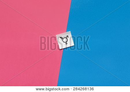 Choosing Between Genders. Sex Selection. Paper Card With Transgender Symbol On Pink And Blue Backgro