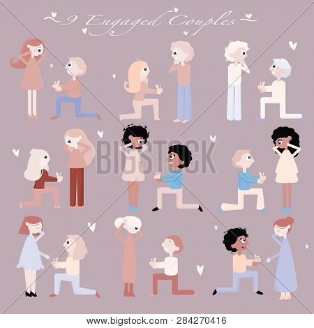 Proposal Marriage, Vector Illustration Flat Design. Man Is Holding In Hand An Open Box With A Weddin
