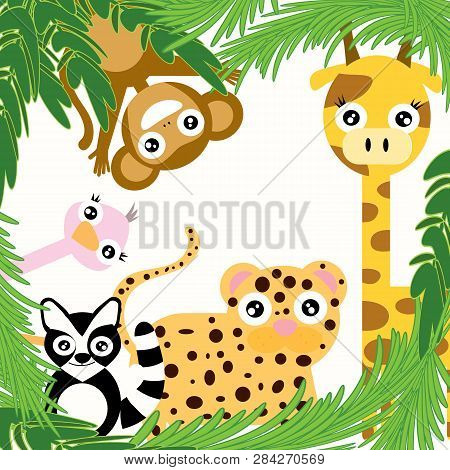 Wild Animals Look Out From Under The Frame Of Green Leaves.