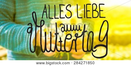 Child, Bouquet Of Daisy Flower, Calligraphy Muttertag Means Happy Mothers Day