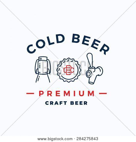 Craft Cold Beer Abstract Vector Beer Sign, Emblem Or Logo Template. Growler Bottle, Cap And Beer Tap