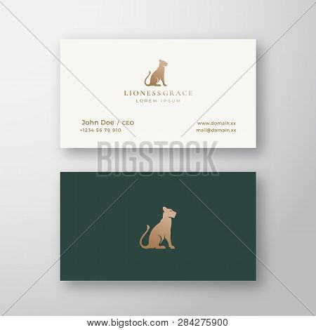 Lioness Grace Abstract Vector Logo And Business Card Template. Gracefull Sitting Lion Silhouette Wit
