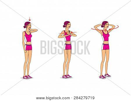 Girl Is Training. Dynamic Training For The Mobility Of The Joints Of The Arms And Shoulders