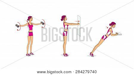 Giirl Is Training. Dynamic Training For The Mobility Of The Joints Of The Arms And Shoulders