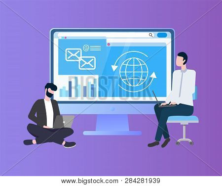 Sitting Workers With Laptop Near Big Monitor On Purple. Working Computer, Open Desktop With Program.