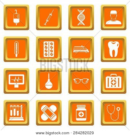 Medicine Icons Set In Orange Color Isolated Illustration For Web And Any Design