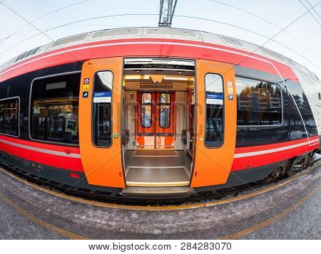 Oslo, Norway - December 28, 2018: Distorted View Of The Exterior Of One Of The Very Successful Stadl