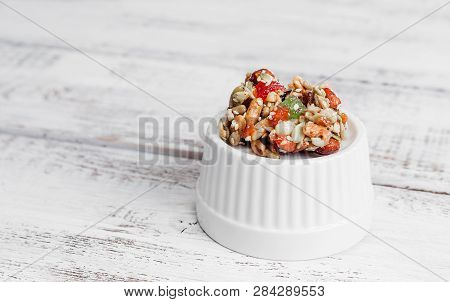 Sorbet Of Seeds, Nuts, Sesame Seeds, Candied Fruit, Pistachios, Peanut With Honey. Dessert Sweetness