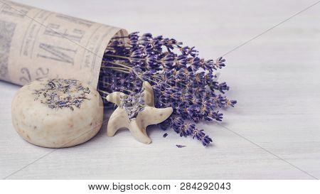 Pieces Of Natural Handcrafted Soap Scrub. Coldprocess. Fragrance Essential Oil Of Lavender. Bouquet 