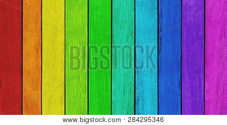 Empty, Rainbow Colored Wood Background, Texture With Copy Space