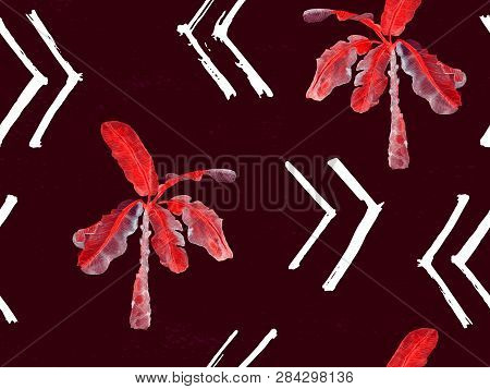 Red Rosy Exotic Pattern. Monstera And Hibiscus Flowers Tropical Bouquet.  Saturated Large Floral Swi