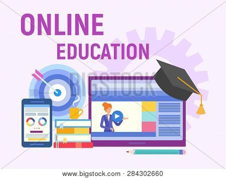 Web Education, Online Training, Professor Teaches On The Internet. Studying Foreign Languages. Vecto