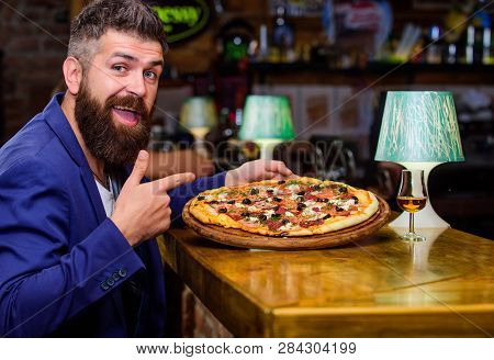 Hipster Hungry Eat Italian Pizza. Pizza Favorite Restaurant Food. Fresh Hot Pizza For Dinner. Hipste