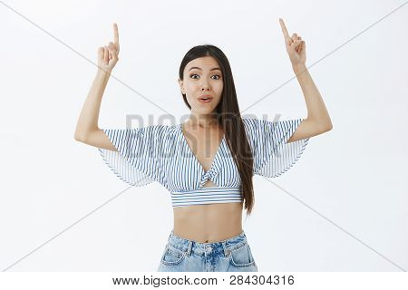 Portrait Of Excited And Enthusiastic Charming Asian Girlfriend With Dark Hair In Cropped Blouse Rais