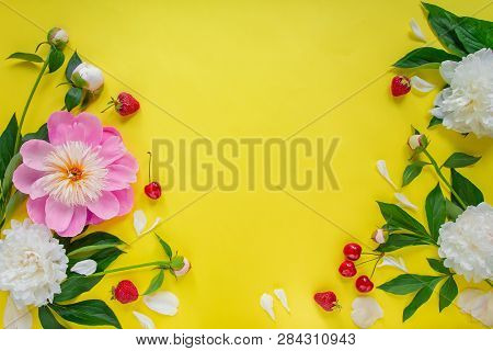 Flowers Of Peony, Branches, Leaves And Petals And Berries Of Cherry, Strawberry With Space For Text