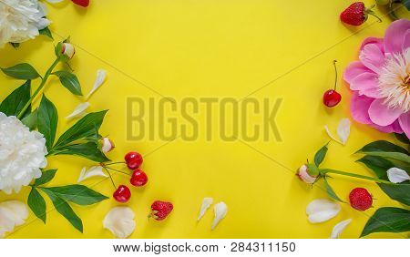 Flowers Of Peony, Branches, Leaves And Petals And Berries Of Cherry, Strawberry With Space For Text