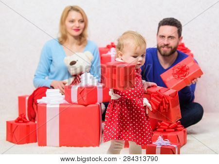 Loving Everything About Her. Valentines Day. Red Boxes. Love And Trust In Family. Bearded Man And Wo