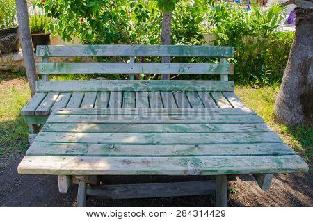 Wooden Table With Bench Green Gray In Nature