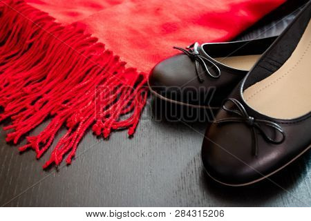Black Ballerina Shoes With The Red Scarf, Fashion Composition