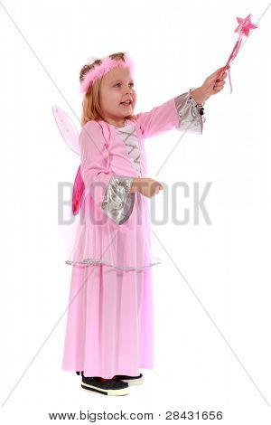 Young girl as magic fairy on white background