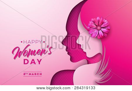 8 March. Womens Day Greeting Card Design With Young Woman Silhouette And Flower. International Femal