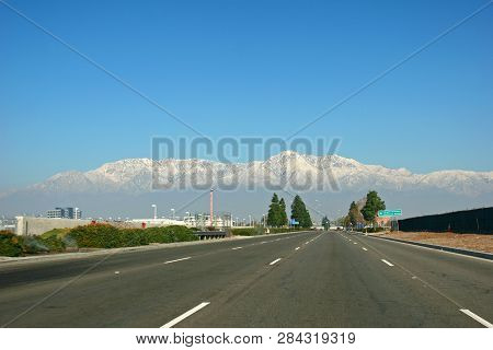 Snow Covering Mount San Antonio In Winter From Montclair In Greater Los Angeles, California, Usa.