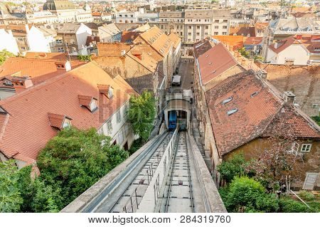 Panoramic View Of Zagreb, Tomic Street And Zagreb Funicular Connecting Lower And Upper Historic Part