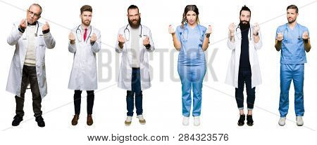 Collage of group of doctors and surgeons people over white isolated background Doing money gesture with hand, asking for salary payment, millionaire business