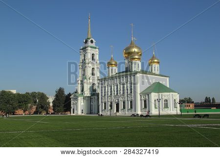 Historical Town Tula In Russia, Orthodox Cathedral And Bell Tower In Kremlin