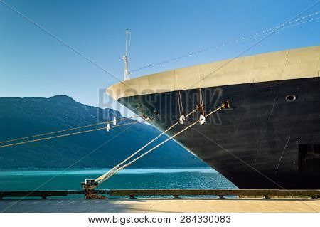 Bow, Rat Guards And Mooring Lines Of Berthed Cruise Ship, , Alaska, Usa.