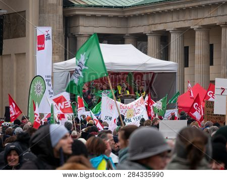 Berlin, Germany - February 13, 2019: Demonstration Of German Trade Unions Verdi, Gew, Gdp At Branden