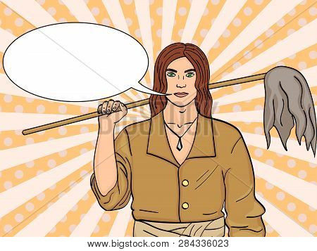 A Man Is A Pirate, A Cabin Boy Or Ships Boy. Raster Pop Art Background. Imitation Comic Style. Text 