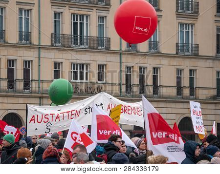 Berlin, Germany - February 13, 2019: Demonstration Of German Trade Unions Verdi, Gew, Gdp At Branden