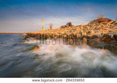 Sea Waves Crashing Against The Rocks In Gorki Zachodnie, Baltice Sea, Gdansk, Poland.