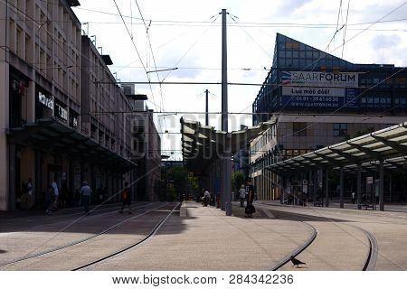 Saarbruecken, Germany - July 29: Modern Shelters Of A Tram Stop At The Saarforum In The City Center 
